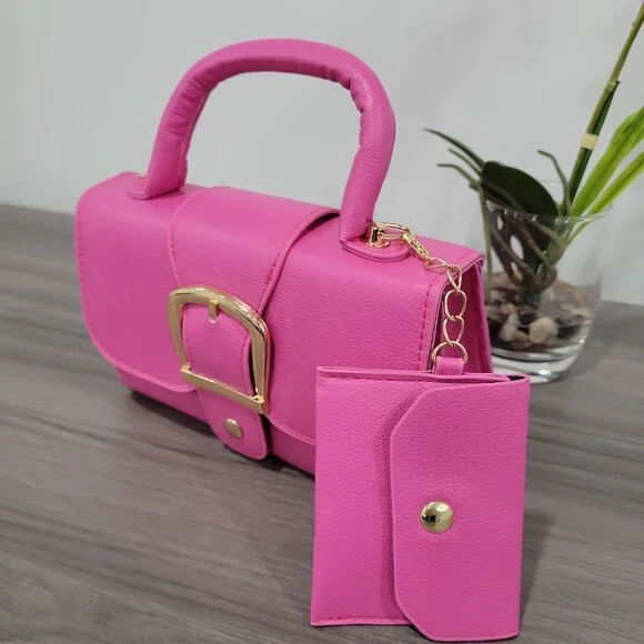 Trendy Pink Retro Style Buckle Small Handbag Purse w/Detachable Mini coin purse - Picture 5 of 9